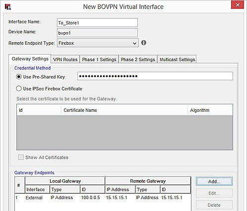 Captura de pantalla de la Configuración de la Puerta de Enlace de la Interfaz Virtual BOVPN, Centro de Datos a la Tienda 1